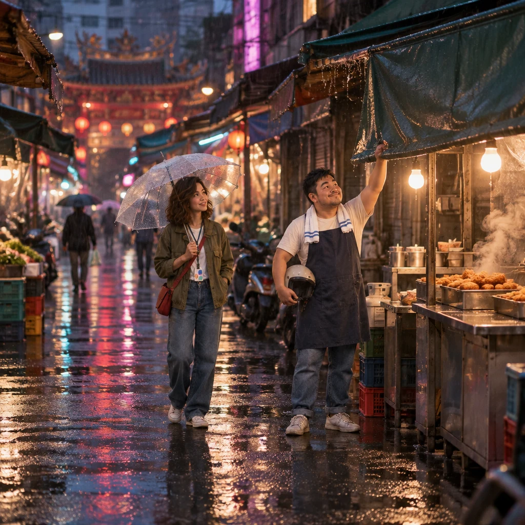 Maya has just stopped at A-Jie's chicken-cutlet stall as evening rain begins, the awning coming down and the wet lane emptying.