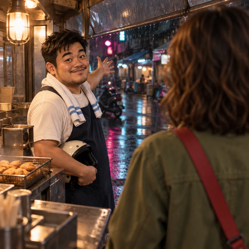 A-Jie turns from the fryer and gestures at the rain-darkened aisle to show the usual weather pattern.