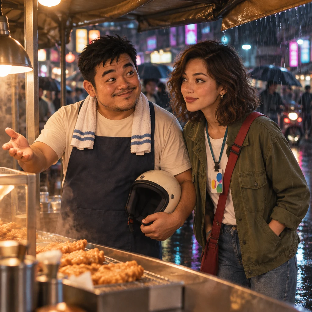 A-Jie has stepped to the customer side and opens a hand toward the covered stall, setting Maya inside a hypothetical.