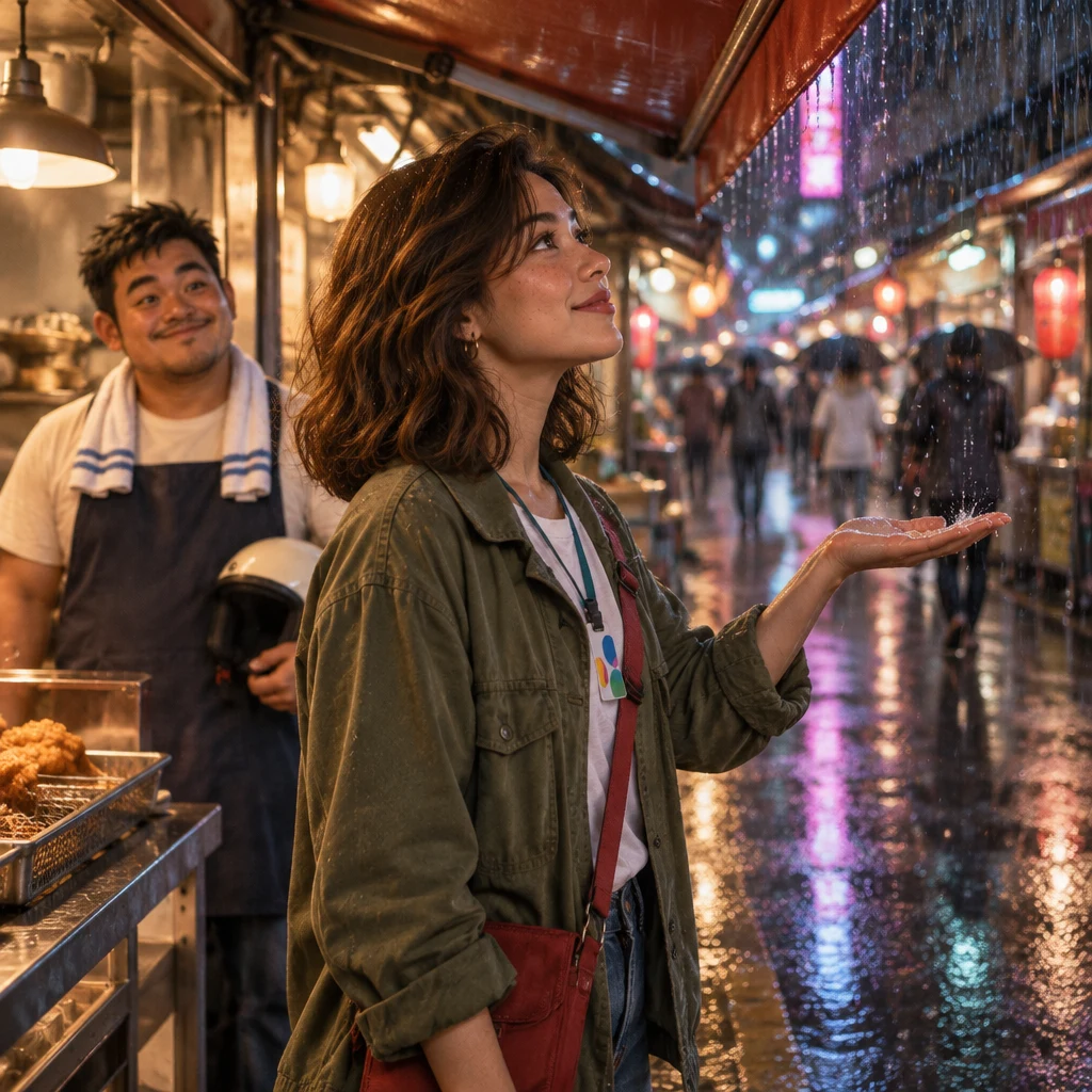 Maya stands at the awning edge with one palm in the rain, turned down the thinning market.