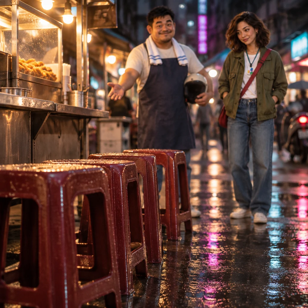 A-Jie presents the row of empty plastic stools as a simple example of the crowd leaving.