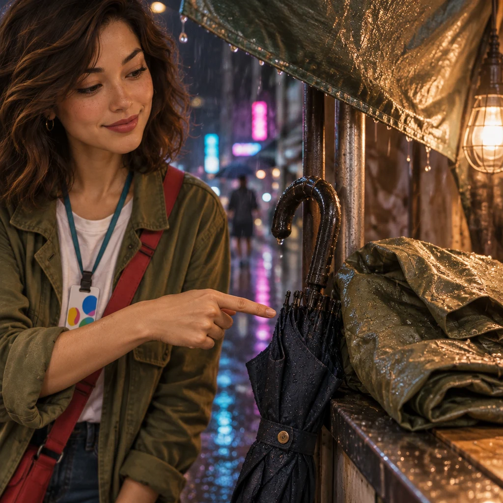 Maya indicates a dripping umbrella and a raincoat beside the lowered tarp as two of the same kind of thing.