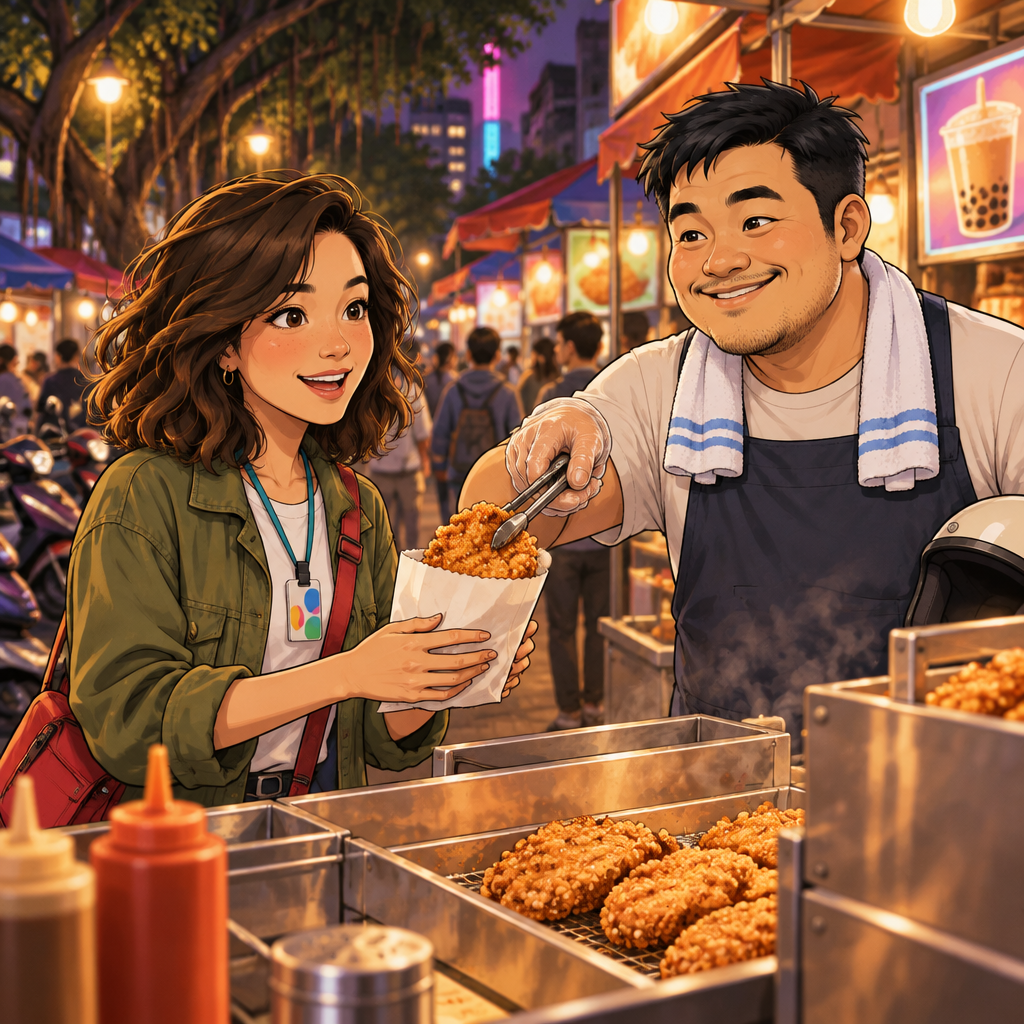 Maya visits A-Jie’s chicken-cutlet stall, where he is working amid the lively Taipei night market.