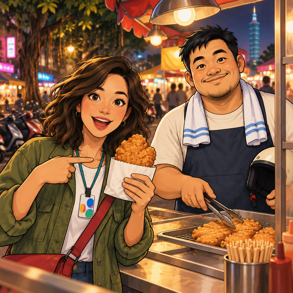 Maya happily points to the chicken cutlet as her favourite, while A-Jie serves her at the stall.
