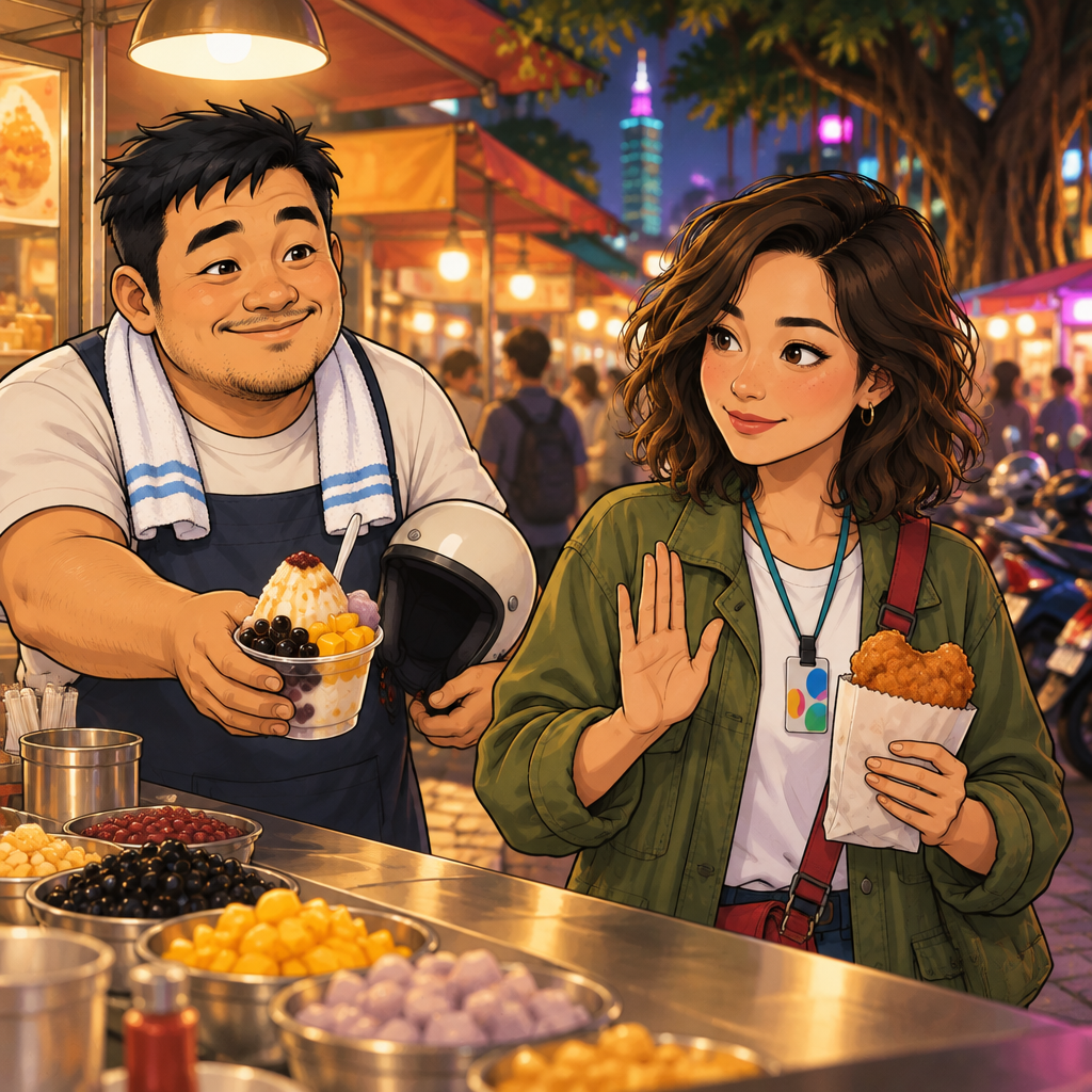 Maya politely declines an overly sweet-looking treat as A-Jie offers it at his stall.
