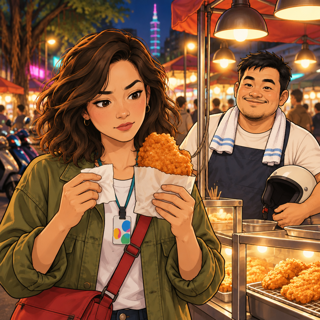 Maya notices the cutlet’s oily surface and reacts with mild concern while A-Jie watches.