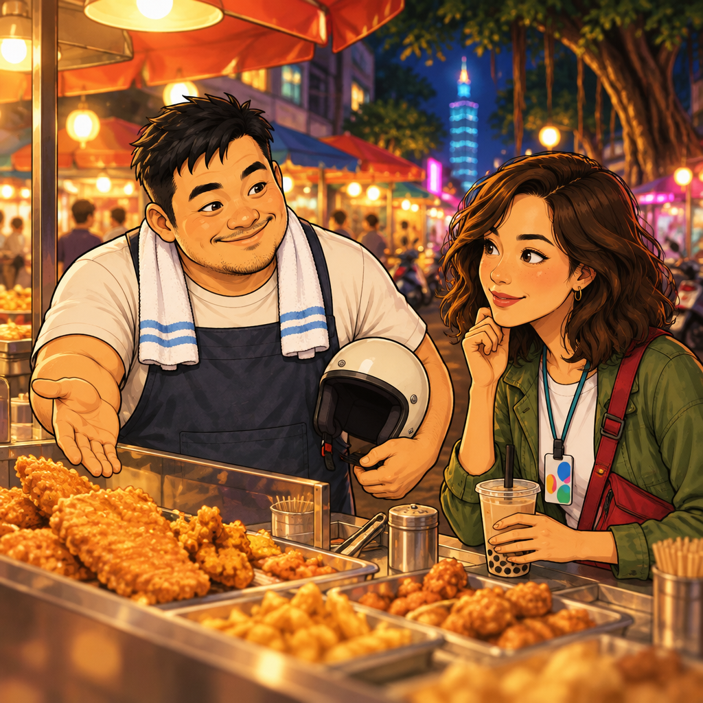 A-Jie gestures toward the food choices as he asks Maya what she likes eating most.