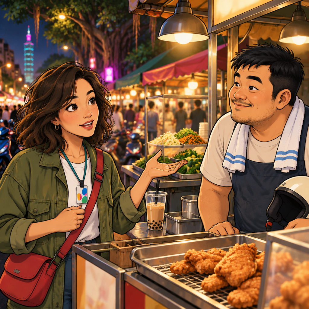Maya asks A-Jie about vegetarian choices nearby, gesturing toward the surrounding food stalls.