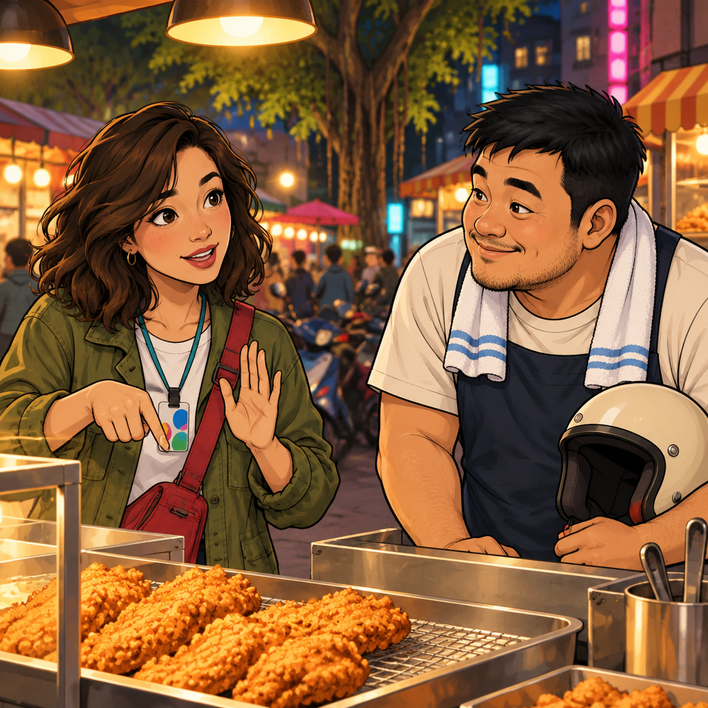 Maya explains that she tries to avoid fried food, gesturing toward the cutlet while A-Jie listens.