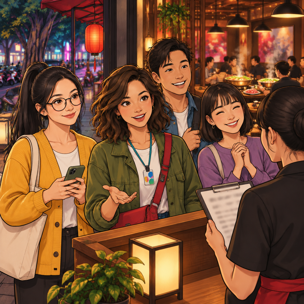 Maya arrives at a busy Taipei hot-pot restaurant with Yi-Jun and two friends while a staff member checks the reservation list and prepares their table.
