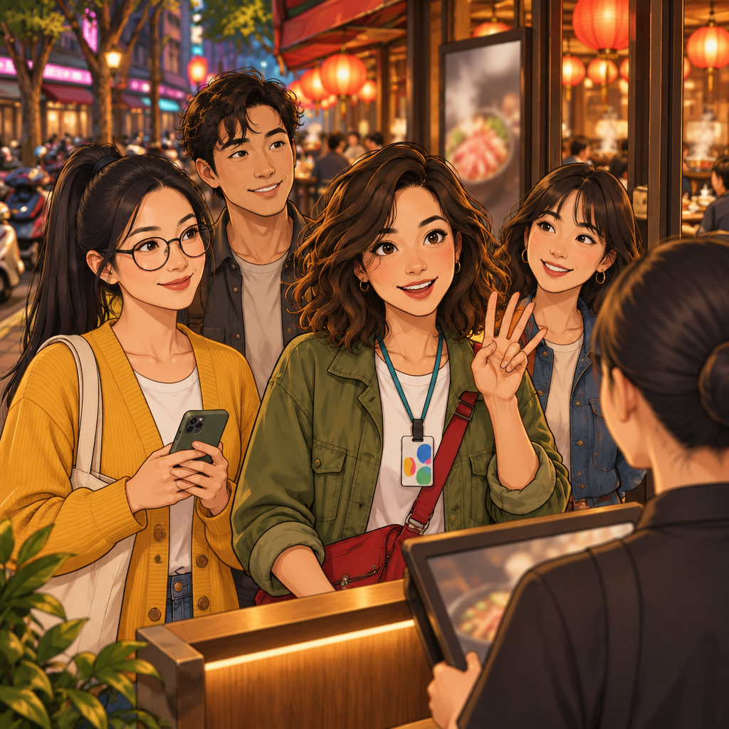 Maya indicates the group of four to the restaurant host while Yi-Jun and their two friends wait beside her.
