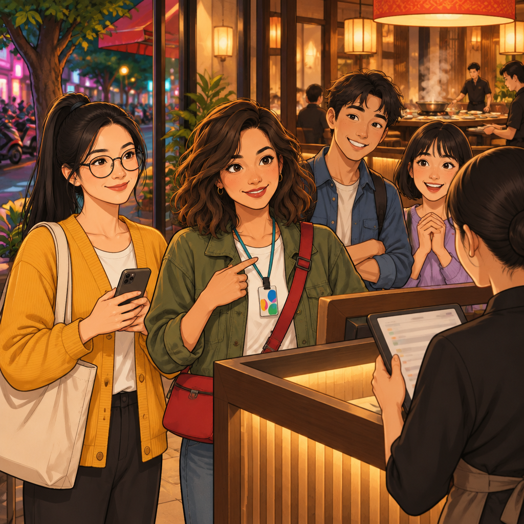 Maya confirms the reservation as the host checks a list and the others wait nearby.