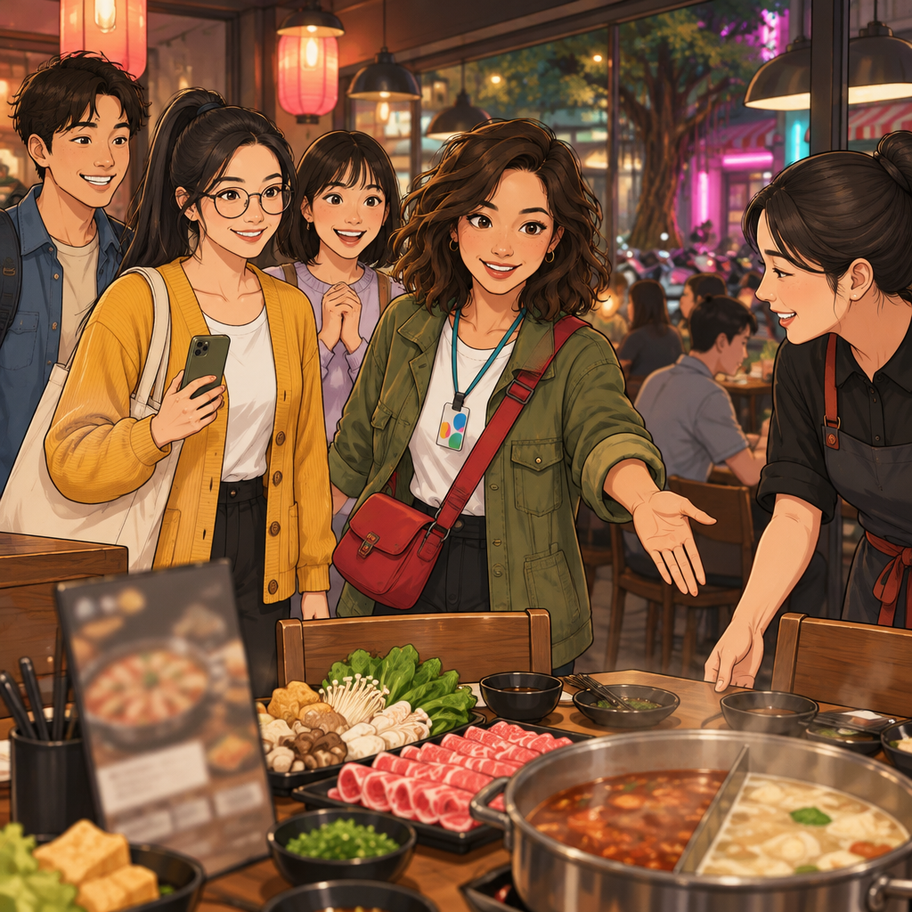 Maya indicates that the group is ready to order as the host guides them toward their prepared hot-pot table.