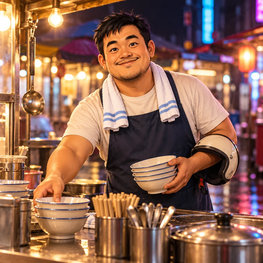 A-Jie gets his night-market stall ready for Saturday night.