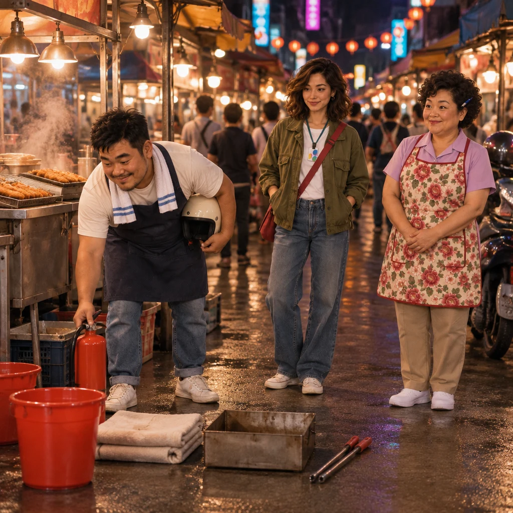 A-Jie prepares a safe fire-safety demonstration beside his cutlet stall while Maya and Auntie Lin get ready to take part.