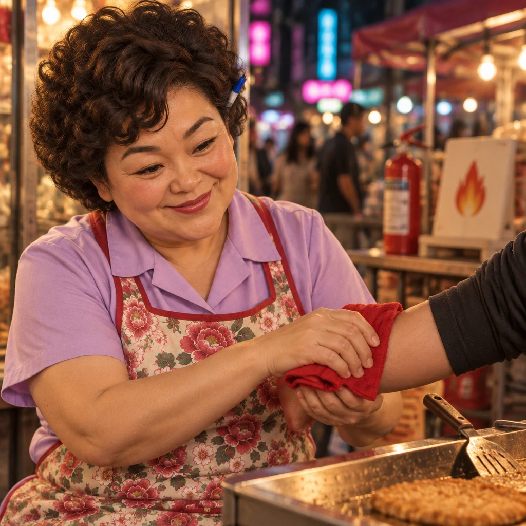 Auntie Lin holds a red cloth against an arm as a pretend bleeding prop, with no real wound.