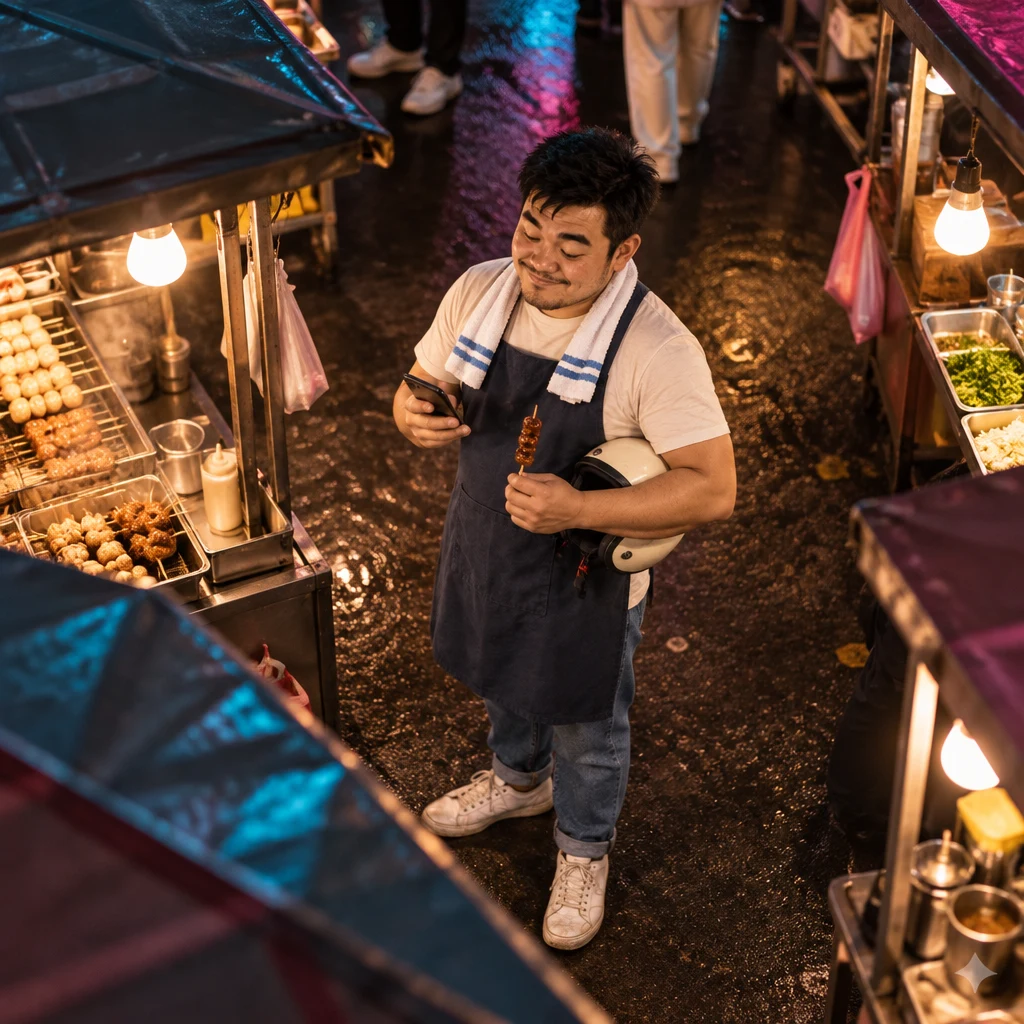 A-Jie pauses at the night market and checks the time on his phone.
