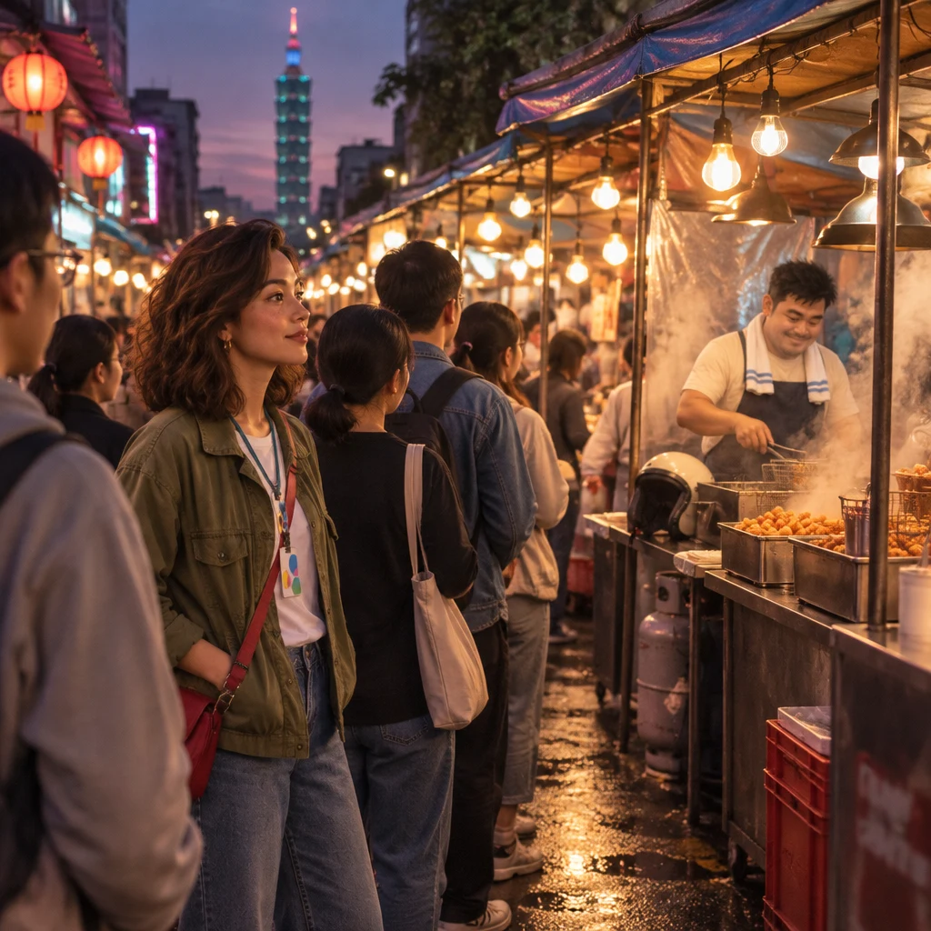 Maya waits in the long queue at A-Jie's night-market stall, which stretches past two other stalls.