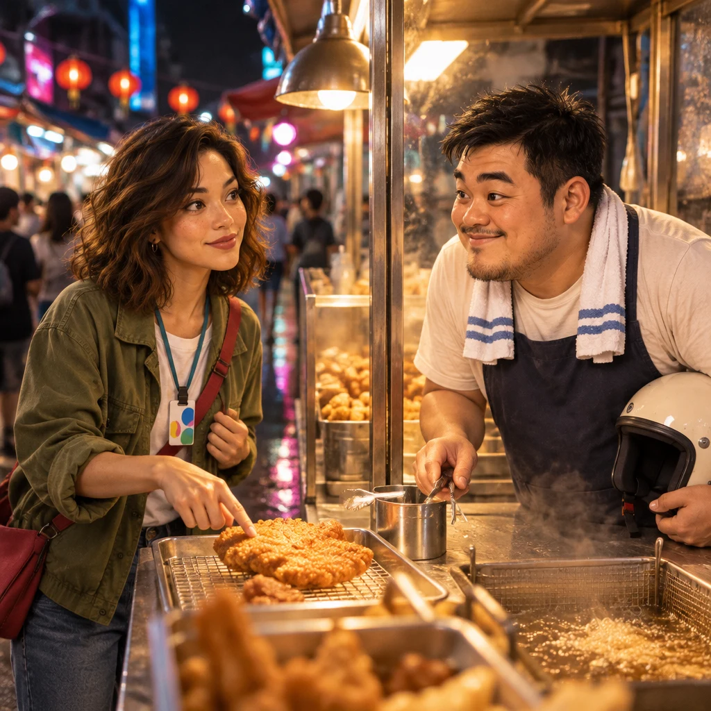 At the front of the queue, Maya gestures toward the chicken cutlet as she places her order with A-Jie.
