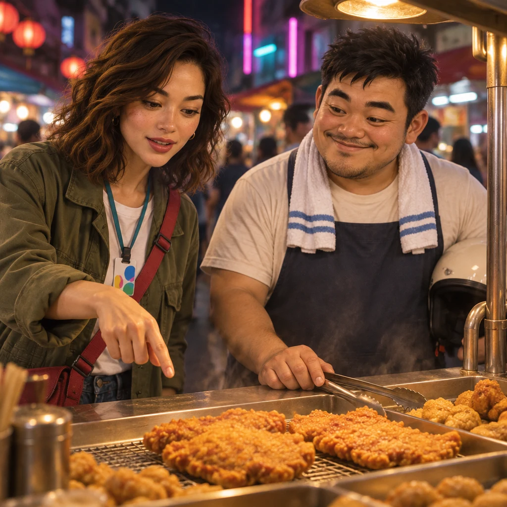 Maya points to an item at the stall and asks A-Jie how much it costs.