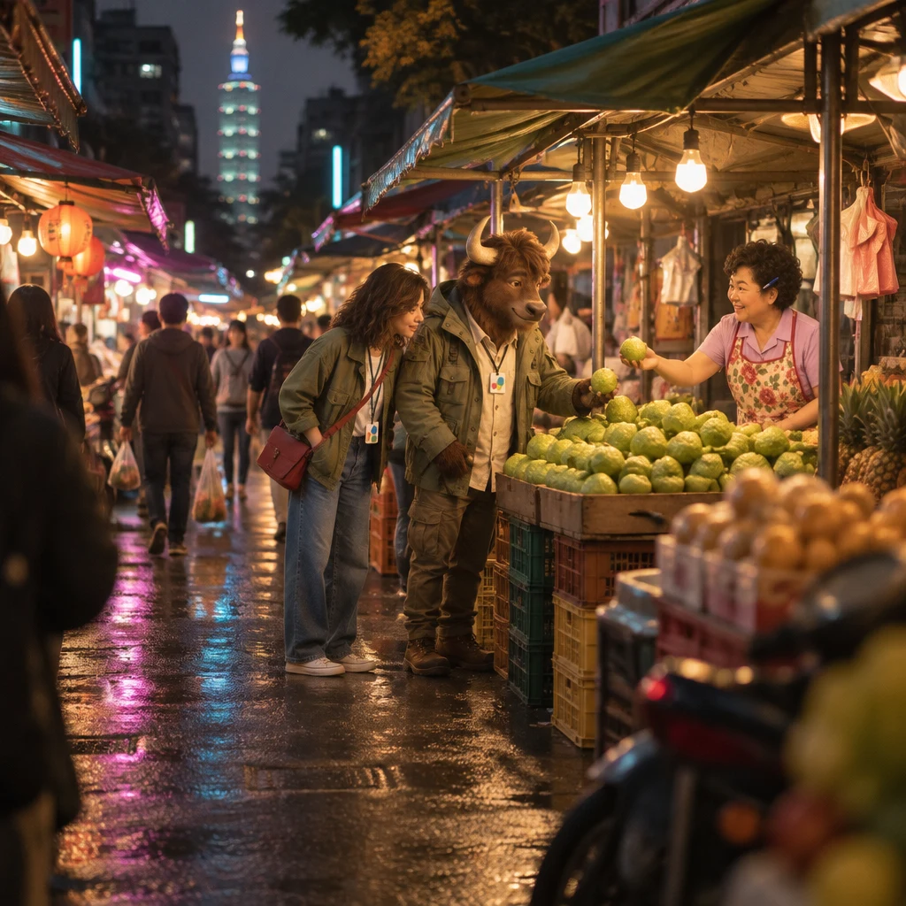 A-Li chooses guavas at a night-market stall while Maya looks them over and Auntie Lin offers him an extra one.