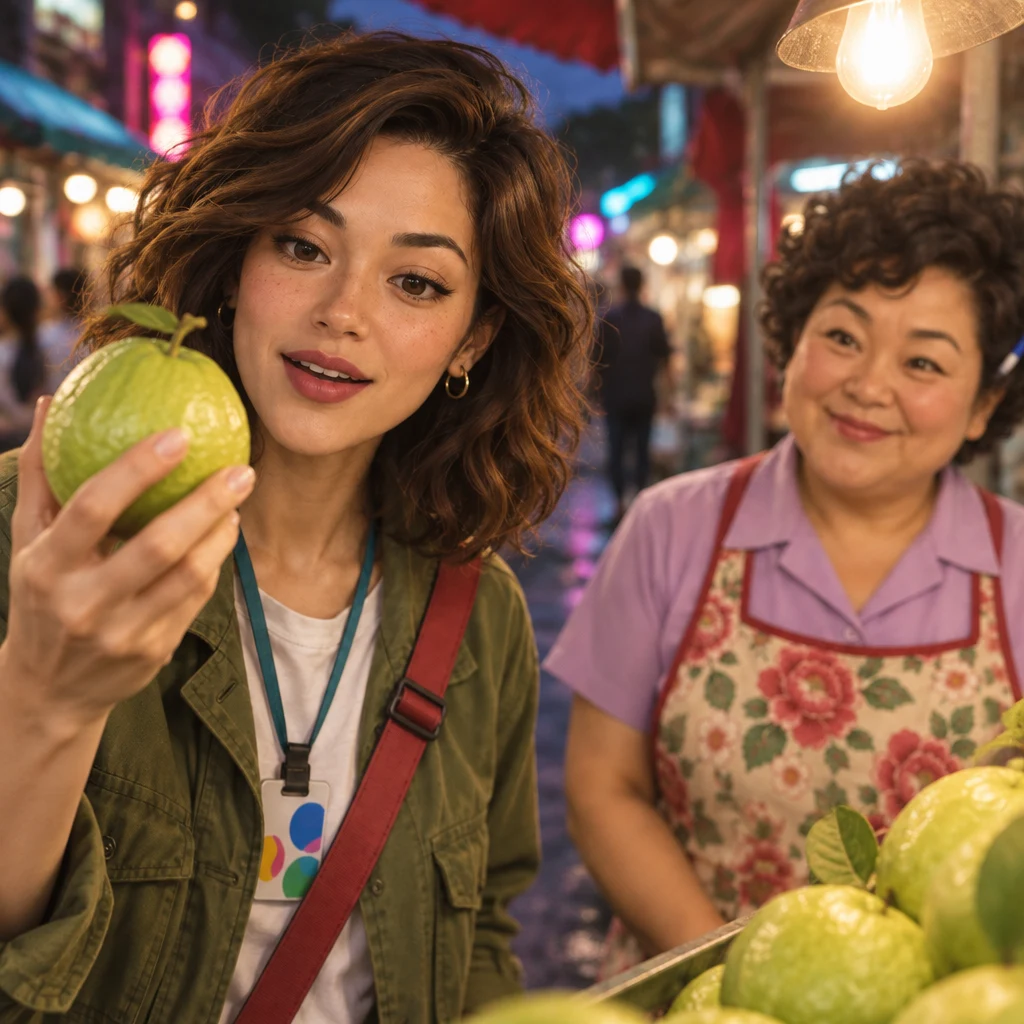 Maya holds up a guava and asks Auntie Lin whether it is sweet.
