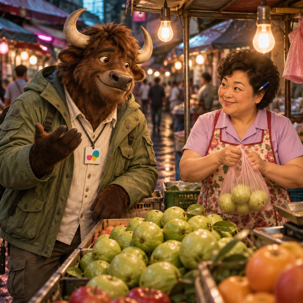 A-Li bargains with Auntie Lin at the fruit stall for a small discount.