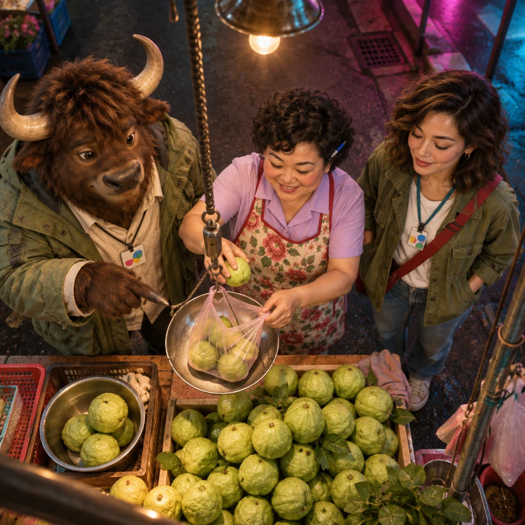 A-Li takes two catties of guavas while Auntie Lin adds one extra and Maya watches.