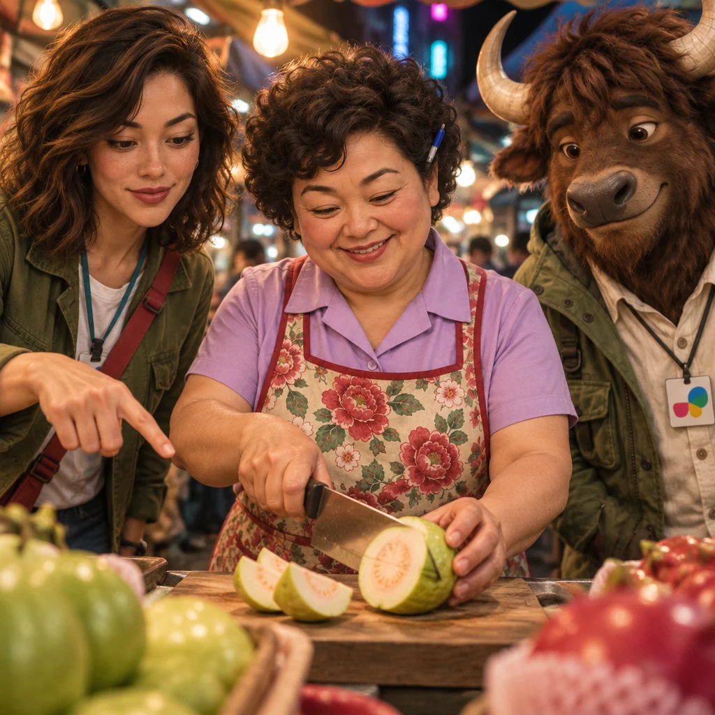 Maya asks Auntie Lin to cut the guavas while A-Li looks toward the cutting board.