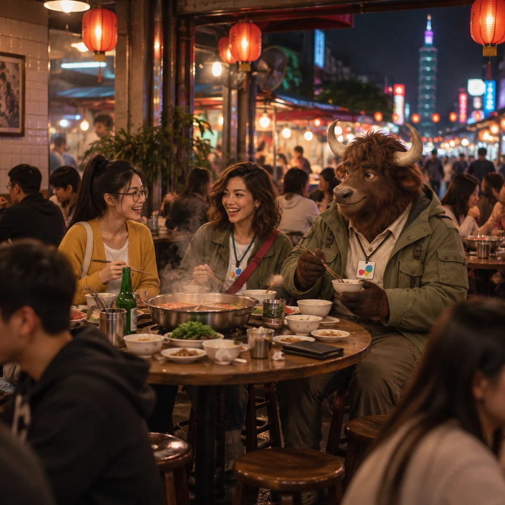 Yi-Jun, Maya, and A-Li sit around a steaming hot pot after a birthday dinner with a closed bill folder on the table.