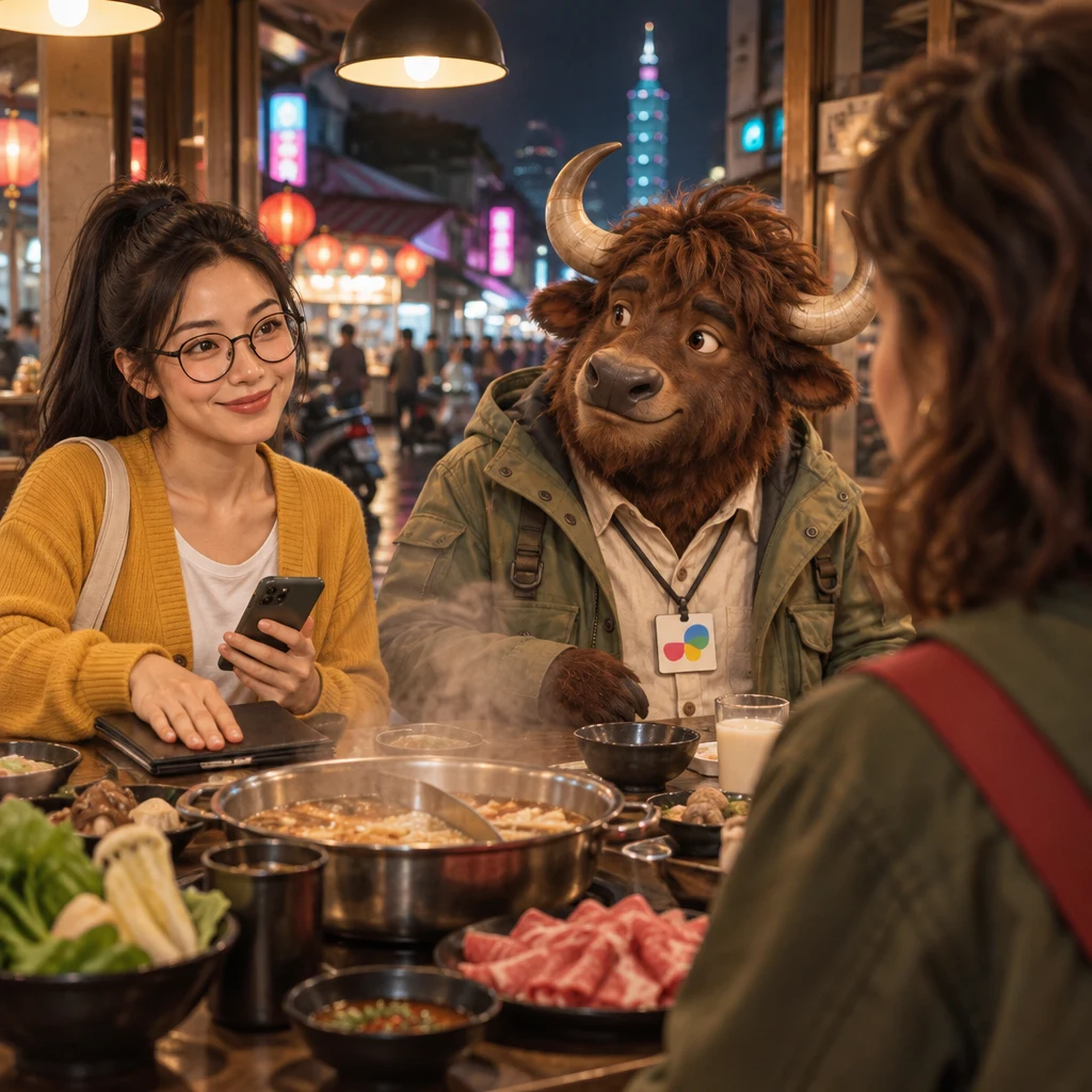 Yi-Jun offers to pay while Maya and A-Li look toward Yi-Jun beside the bill folder.
