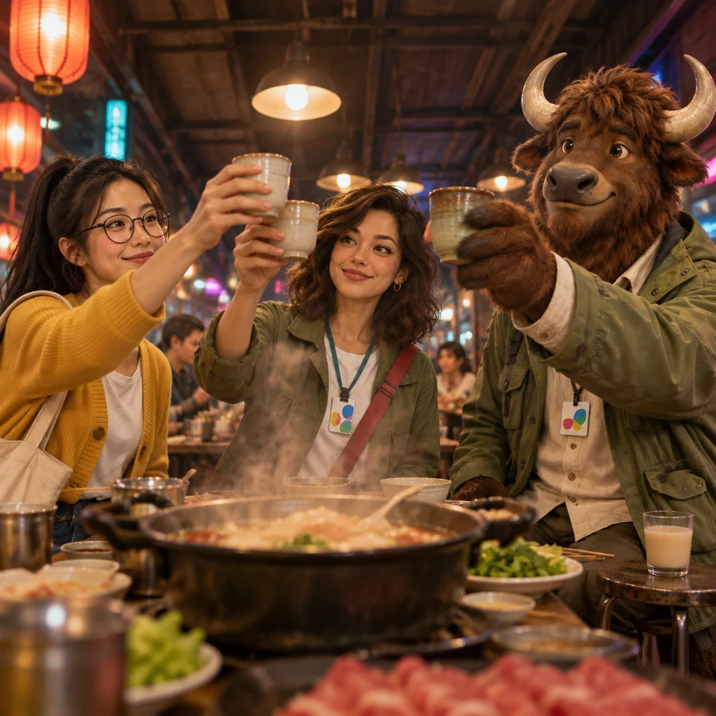 Yi-Jun raises a cup for a toast while Maya and A-Li lift their cups to join.