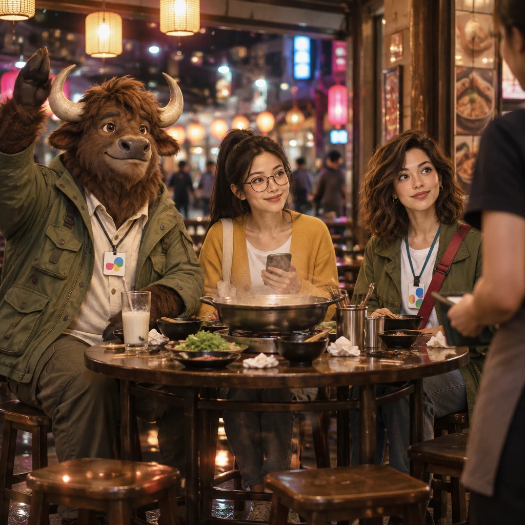 A-Li signals toward the aisle for the bill while Yi-Jun and Maya look on.