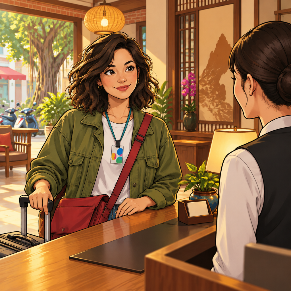 Maya arrives at a small Tainan hotel front desk with her weekend bag while a receptionist is ready to help.