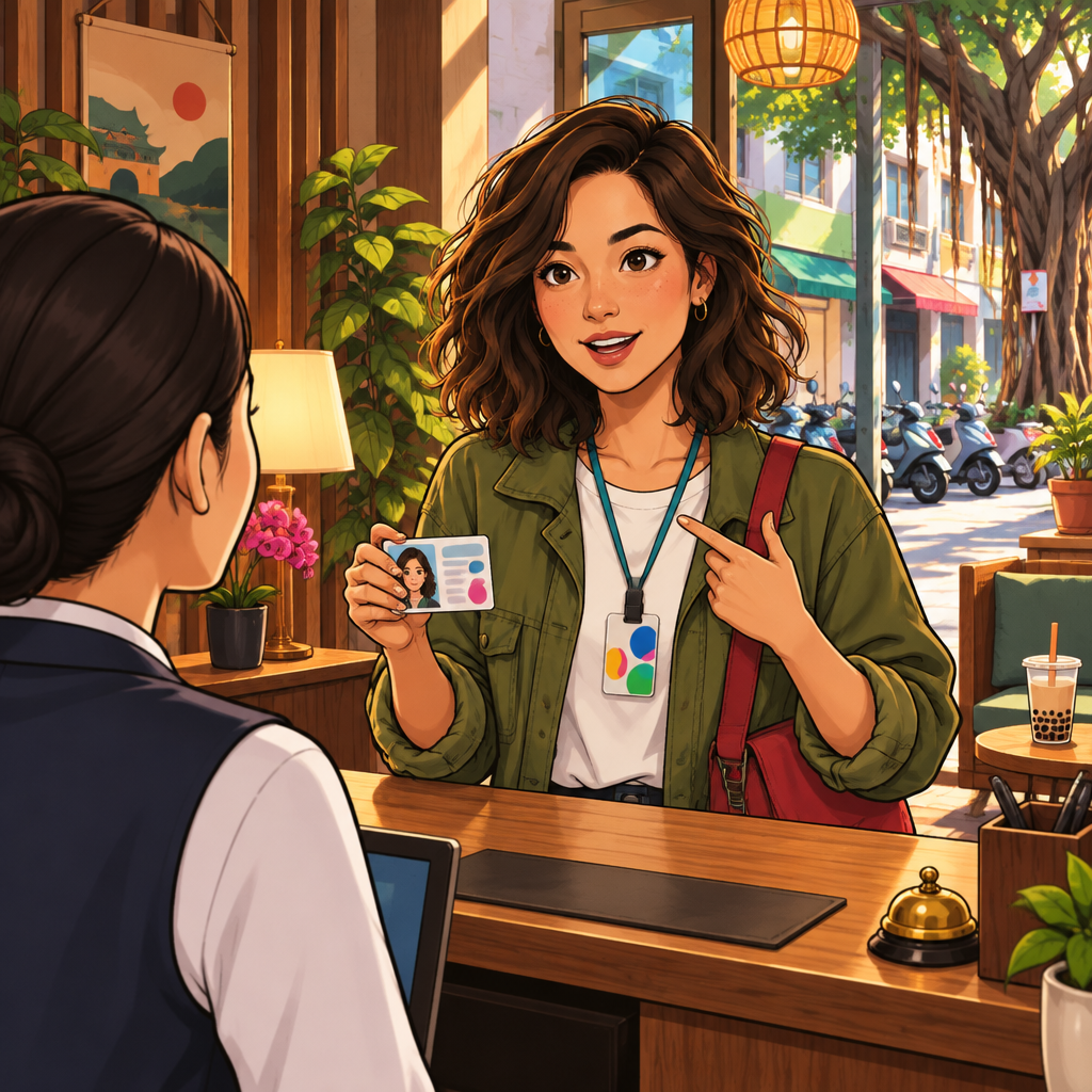 Maya tells the receptionist she has a booking and presents her identification.