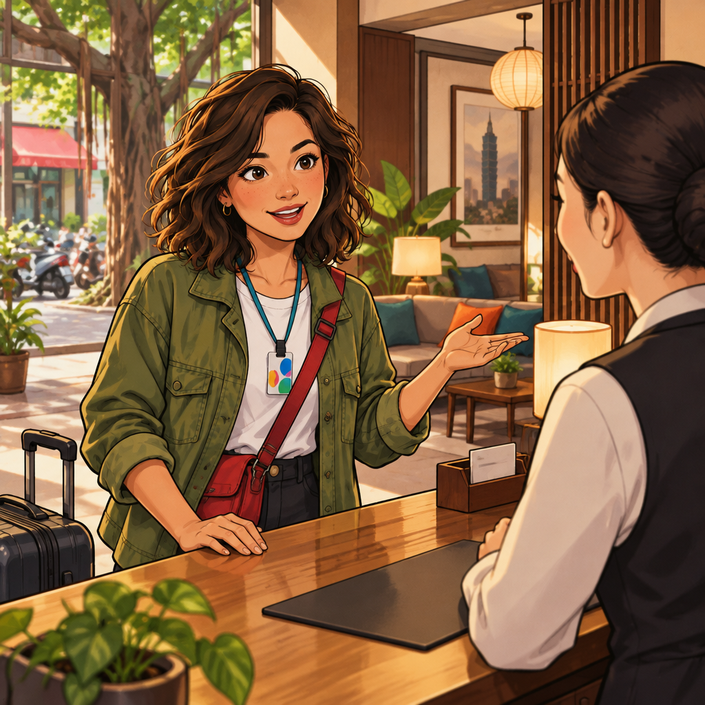 Maya asks to check in with one hand resting on the counter and the other gesturing toward the lobby.