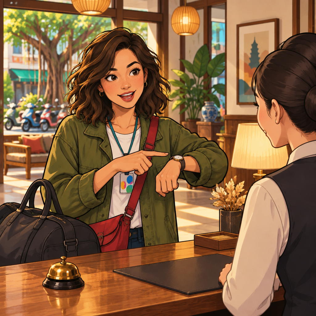 Maya asks about check-out time while making a small gesture toward her wrist.