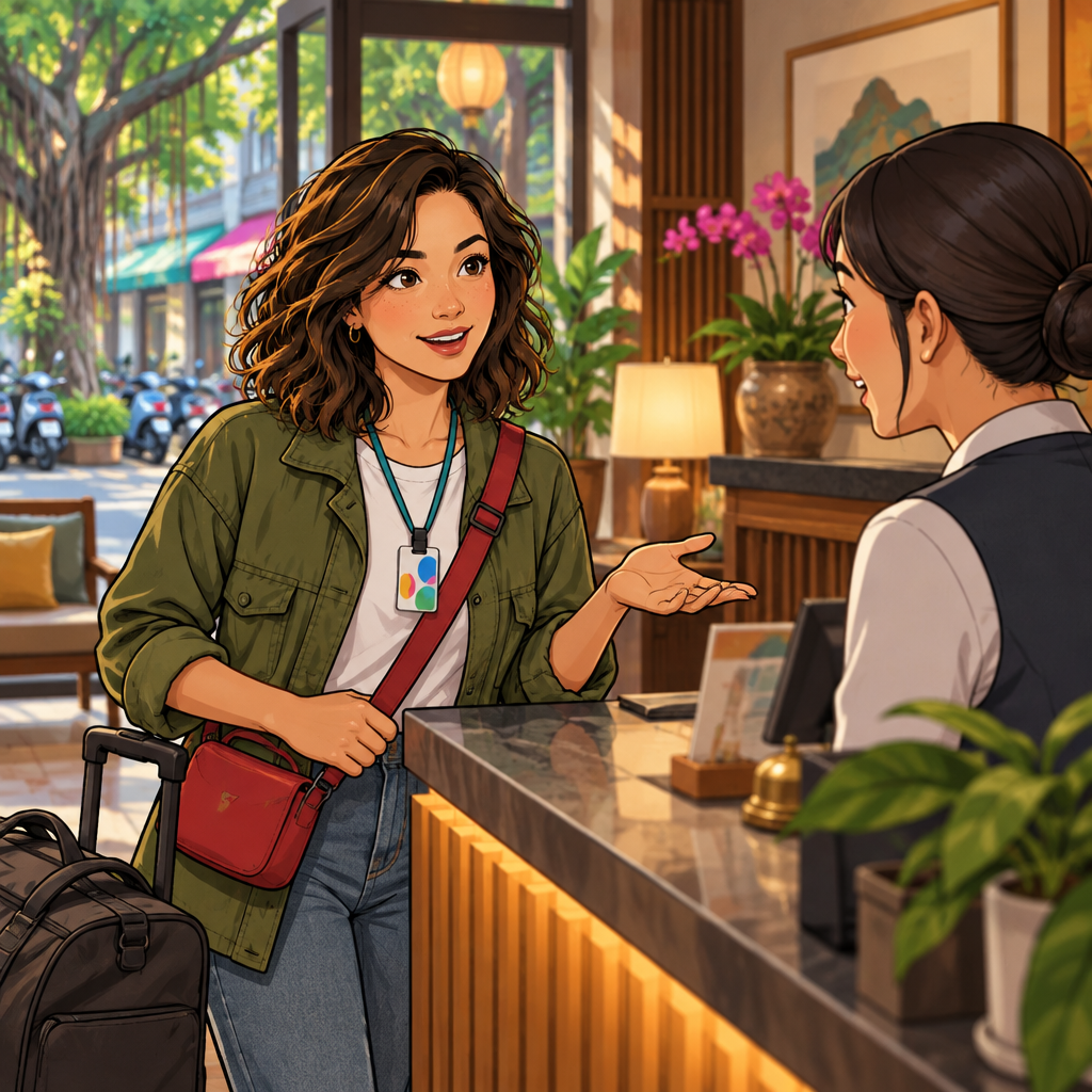 Maya asks about the nightly price with a questioning expression and a small gesture toward the counter.