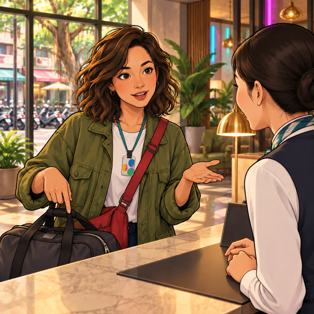 Maya asks to leave her weekend bag safely at the hotel and points to it.