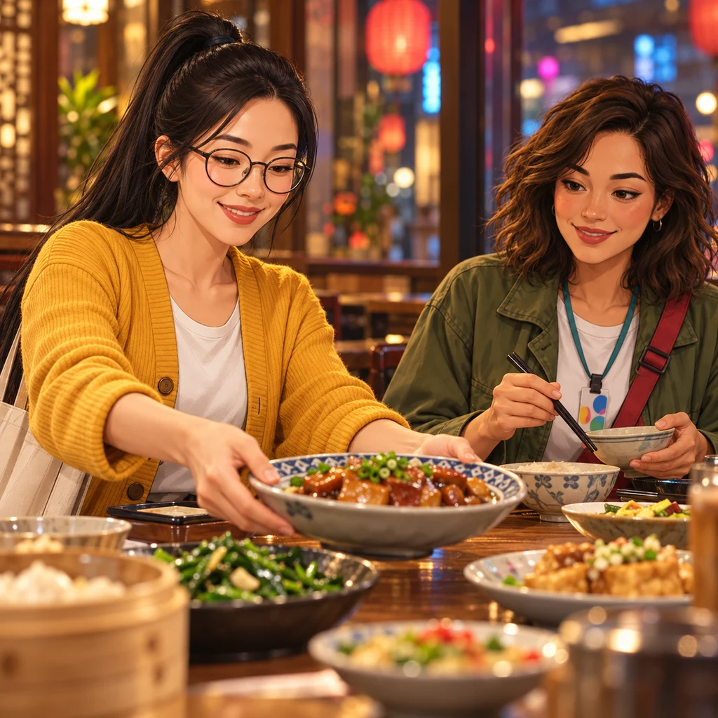 Yi-Jun enjoys dinner with Maya at a restaurant.