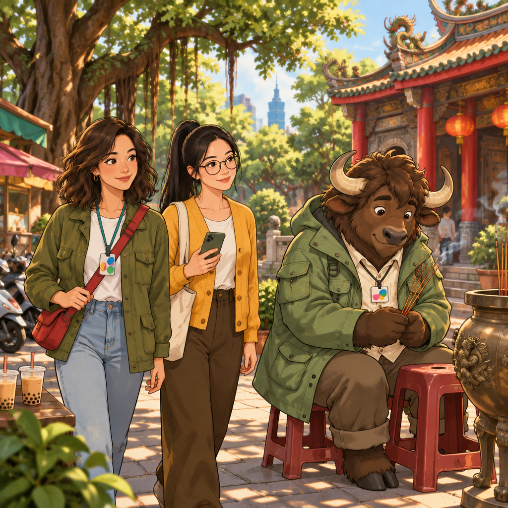 Maya and Yi-Jun approach a small temple beneath trees while Ali nearby carries incense and looks down at the floor.