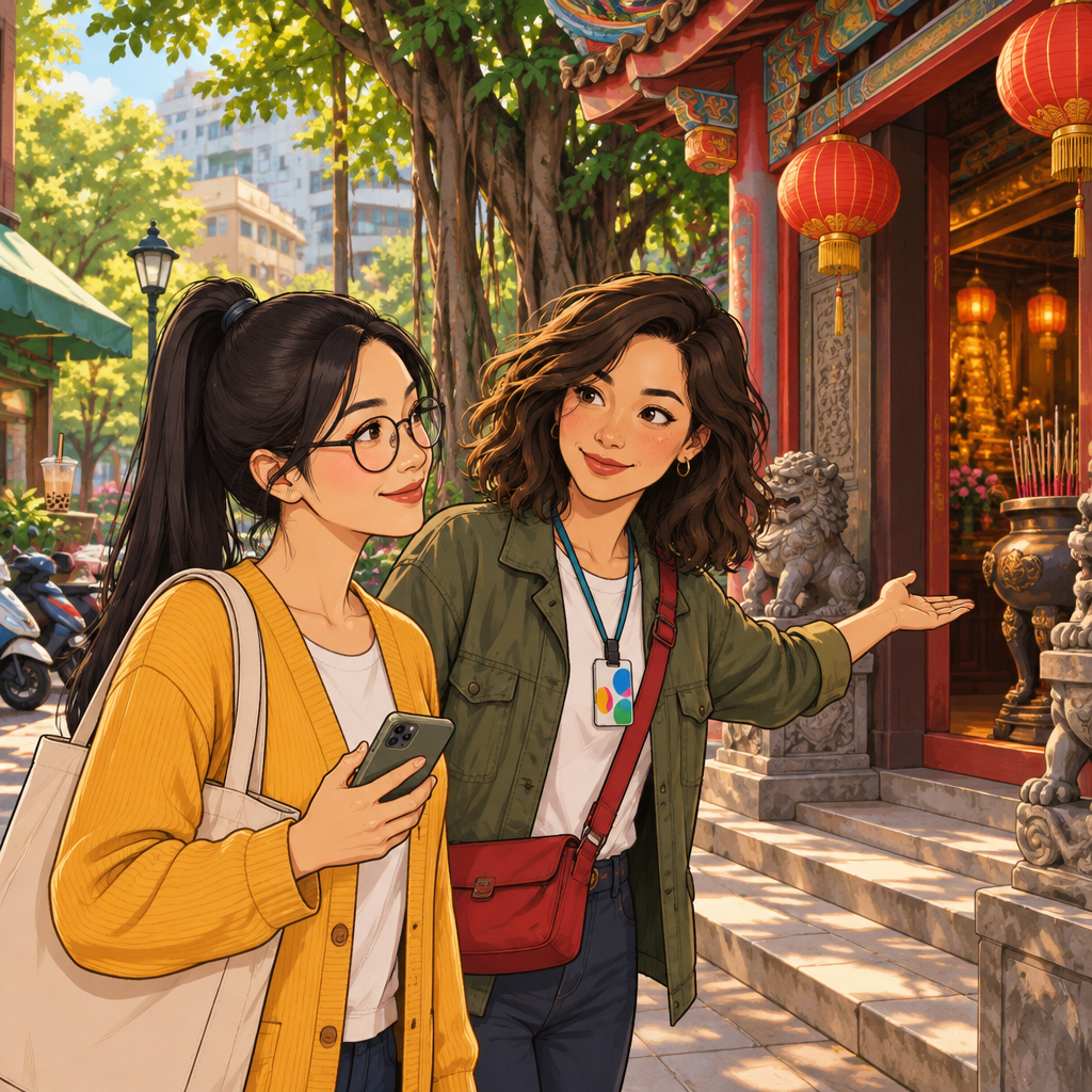 Maya invites Yi-Jun to enter the temple and pray.