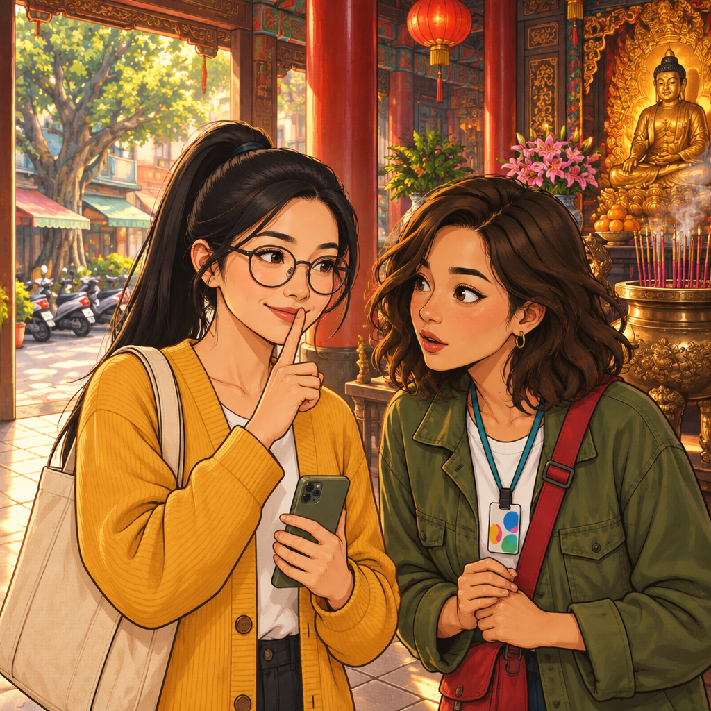 Yi-Jun quietly gestures for Maya to lower her voice inside the temple.