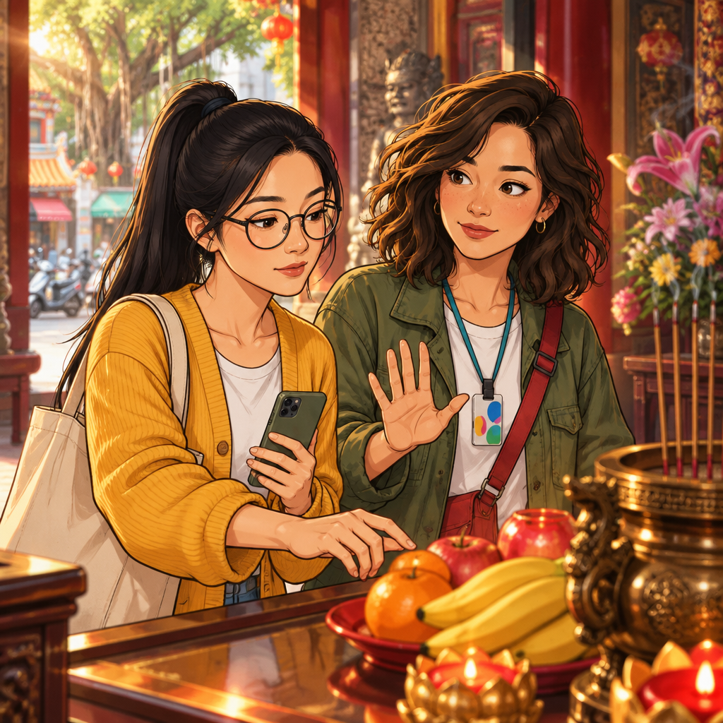 Maya gently stops Yi-Jun from reaching toward a temple offering.