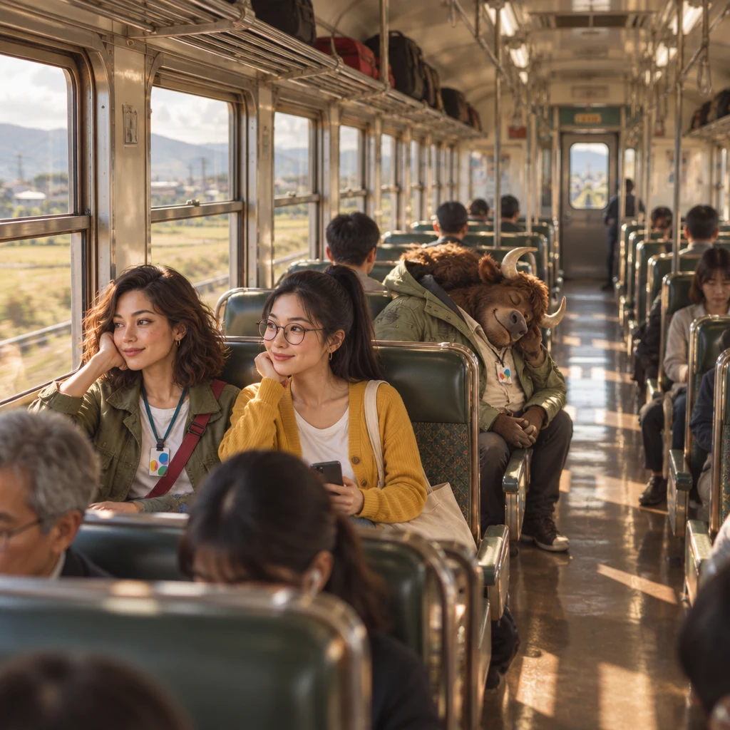 Maya, Yi-Jun, and A-Li the yak occupy a sunlit slow-train car while the wrong towns slide past the windows and A-Li sleeps across two seats.