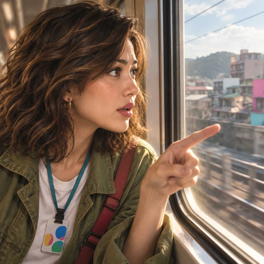 Maya is pressed to the train window, startled, pointing at the wrong towns outside.