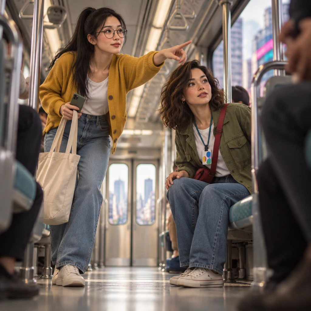 Yi-Jun is half-standing in the aisle, tote in one hand, pointing toward the train doors.