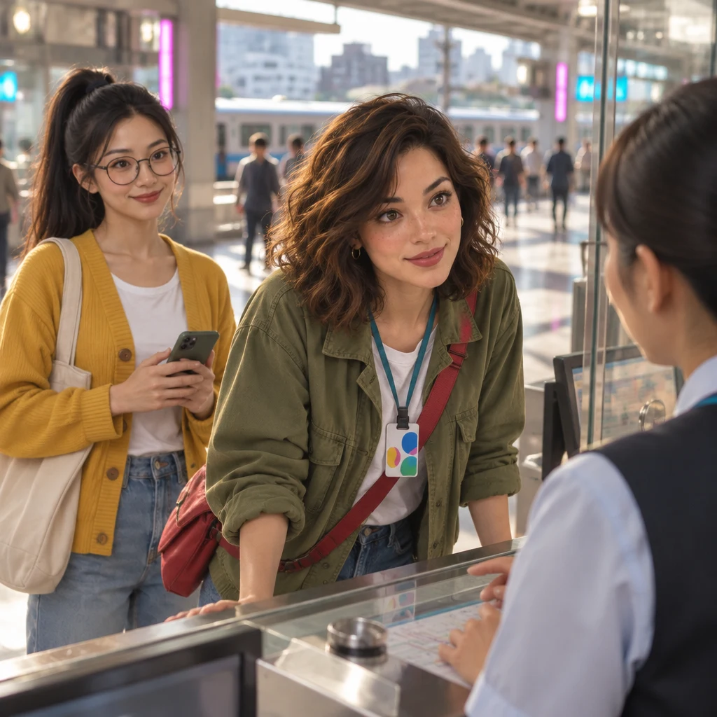 Maya leans both hands on a station counter facing a worker while Yi-Jun waits to the side.
