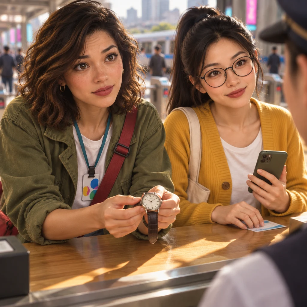 Maya holds up a wristwatch toward the station worker, shoulders tight, while Yi-Jun waits at the counter.