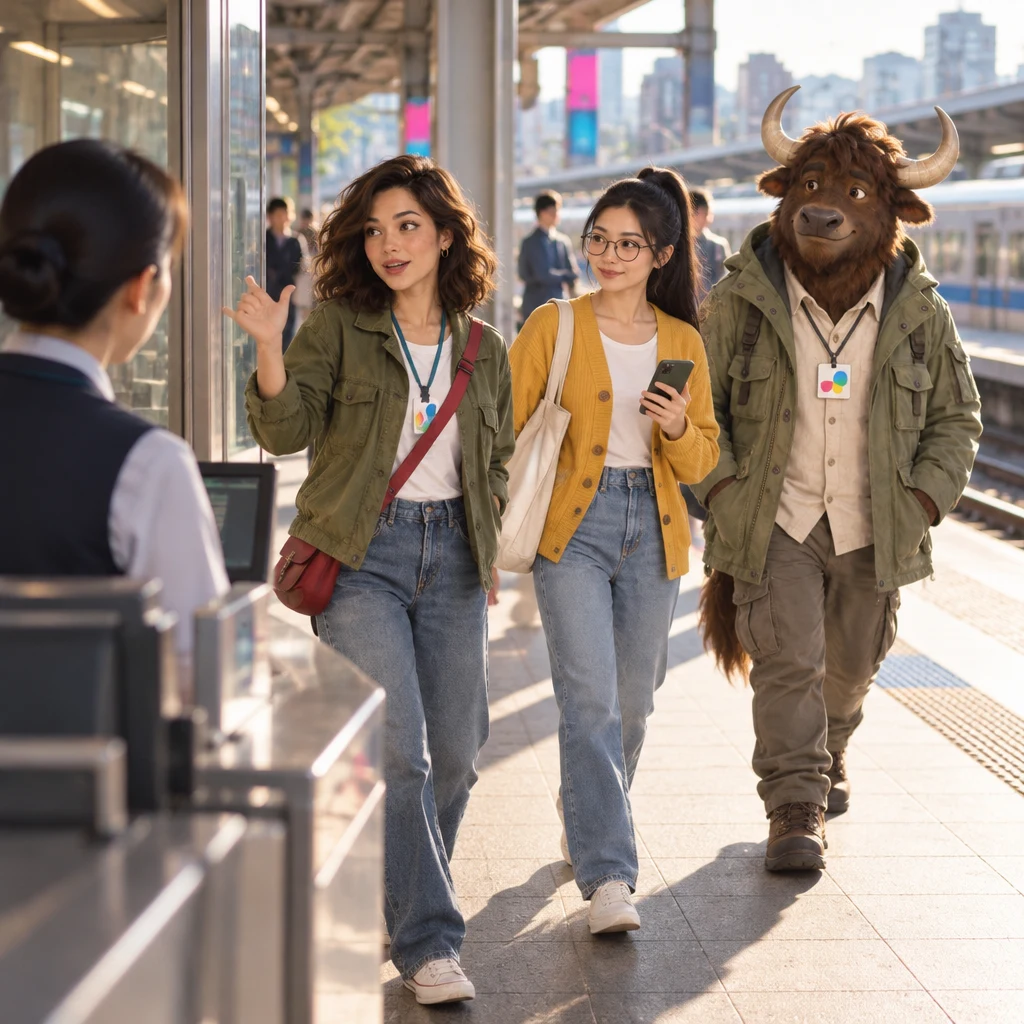 Maya, Yi-Jun, and A-Li the yak leave the station counter toward the opposite platform, Maya's arm still raised in a last question.